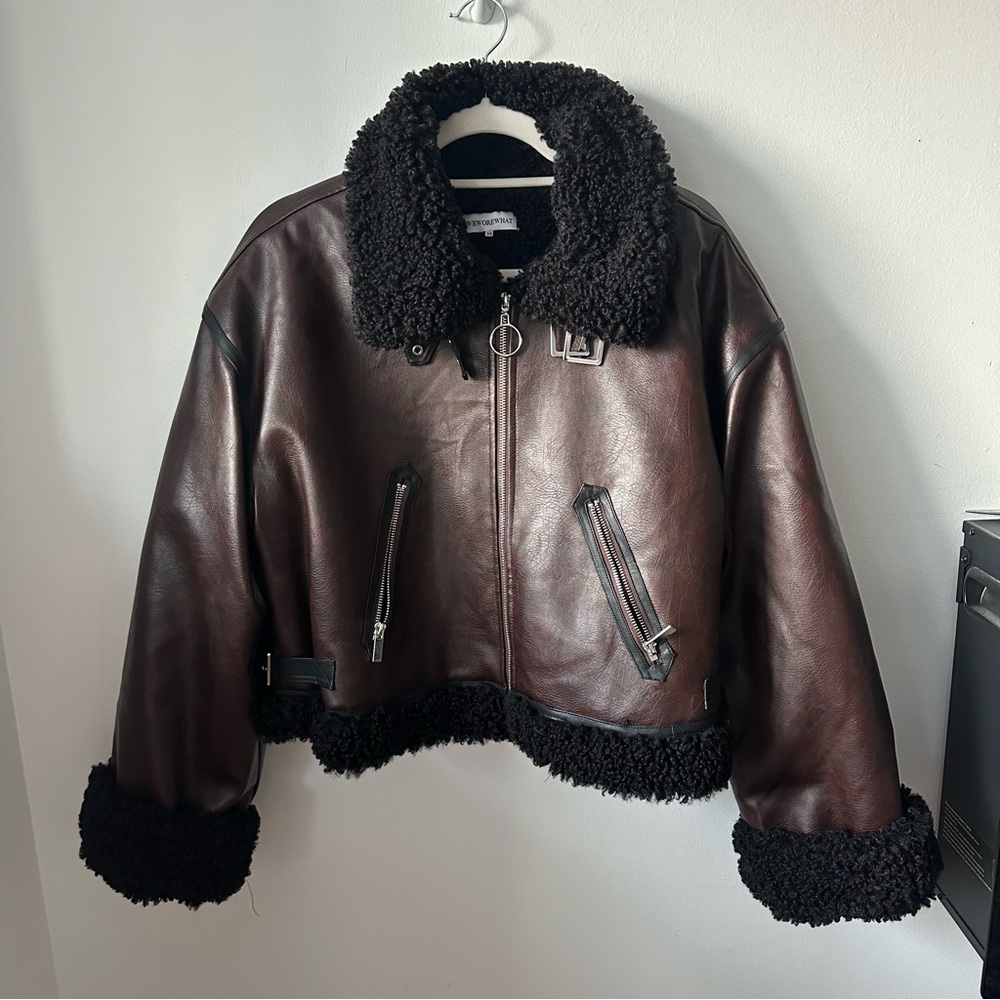 WHAT WORE WE designer vegan leather bomber jacket Sherpa lining MEDIUM